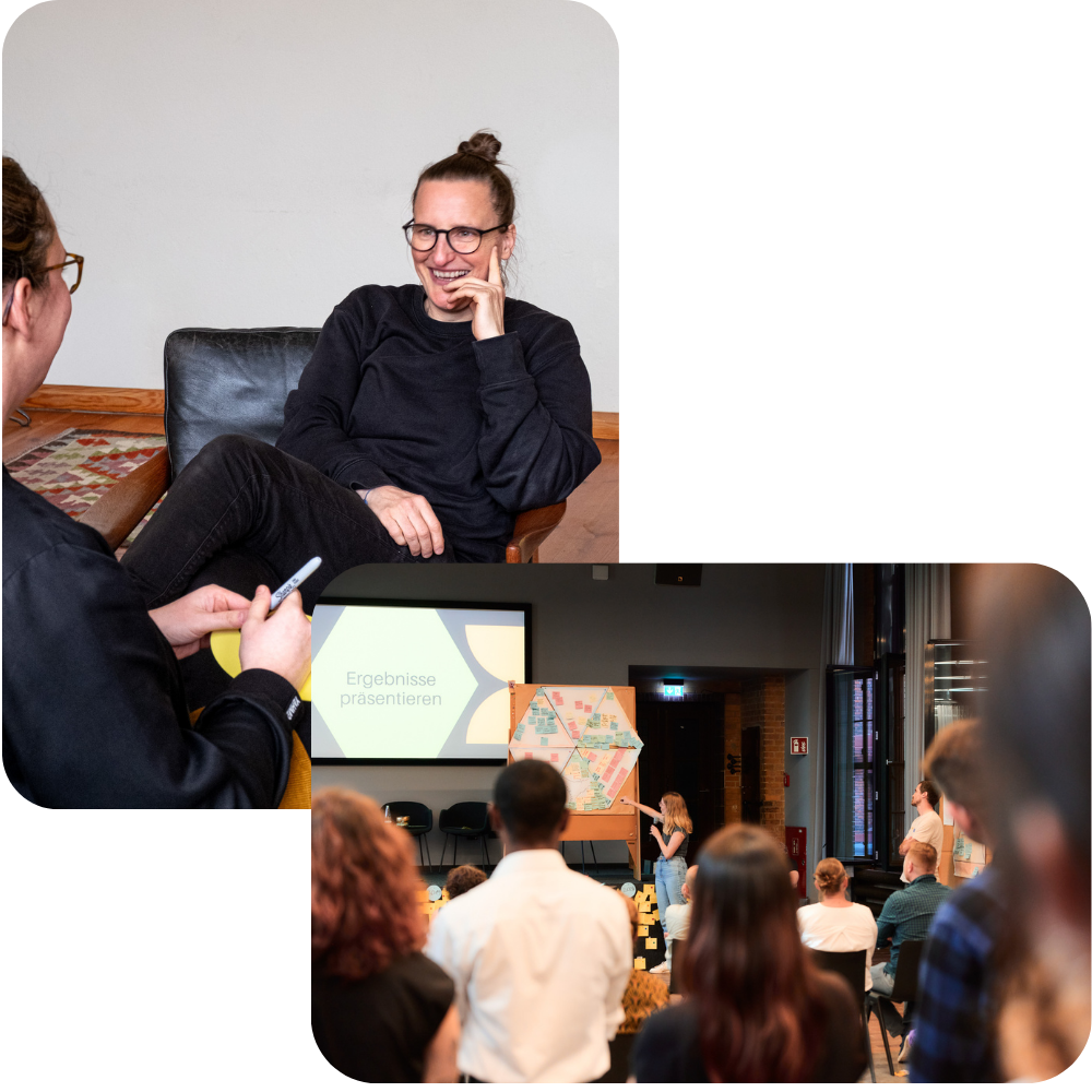 Collage von zwei Bildern, linkes Bild Almut Beraterin bei Guter Move sitzt lachend im Sessel vor Frau, die beraten wird und Bild rechts unten, Veranstaltung mit Publikum vor vortragender person auf einem Flipchart
